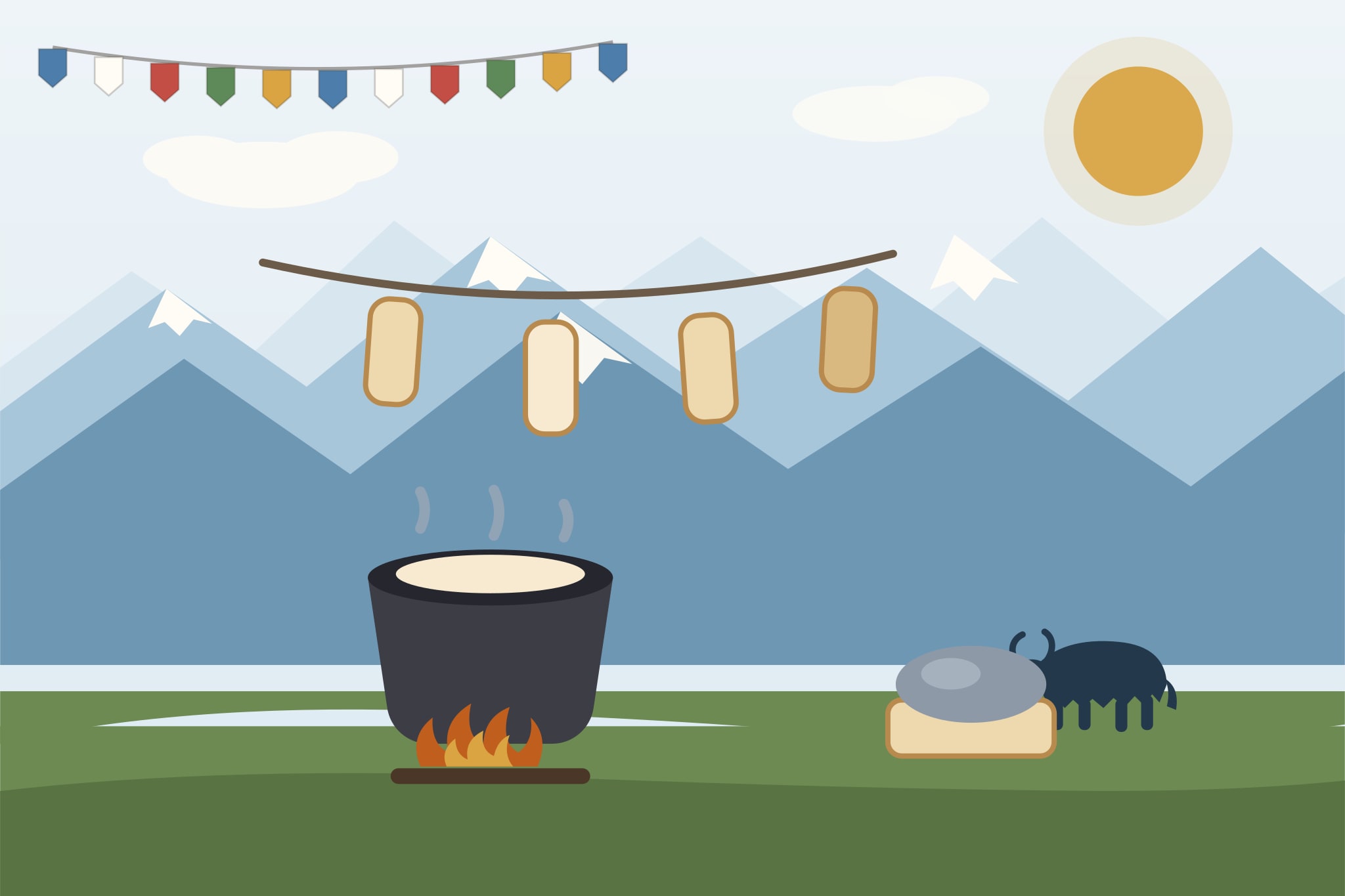 Illustration of the churpi-making process: a pot over fire, pressed cheese blocks, and bars smoke-drying above, with Himalayan peaks behind