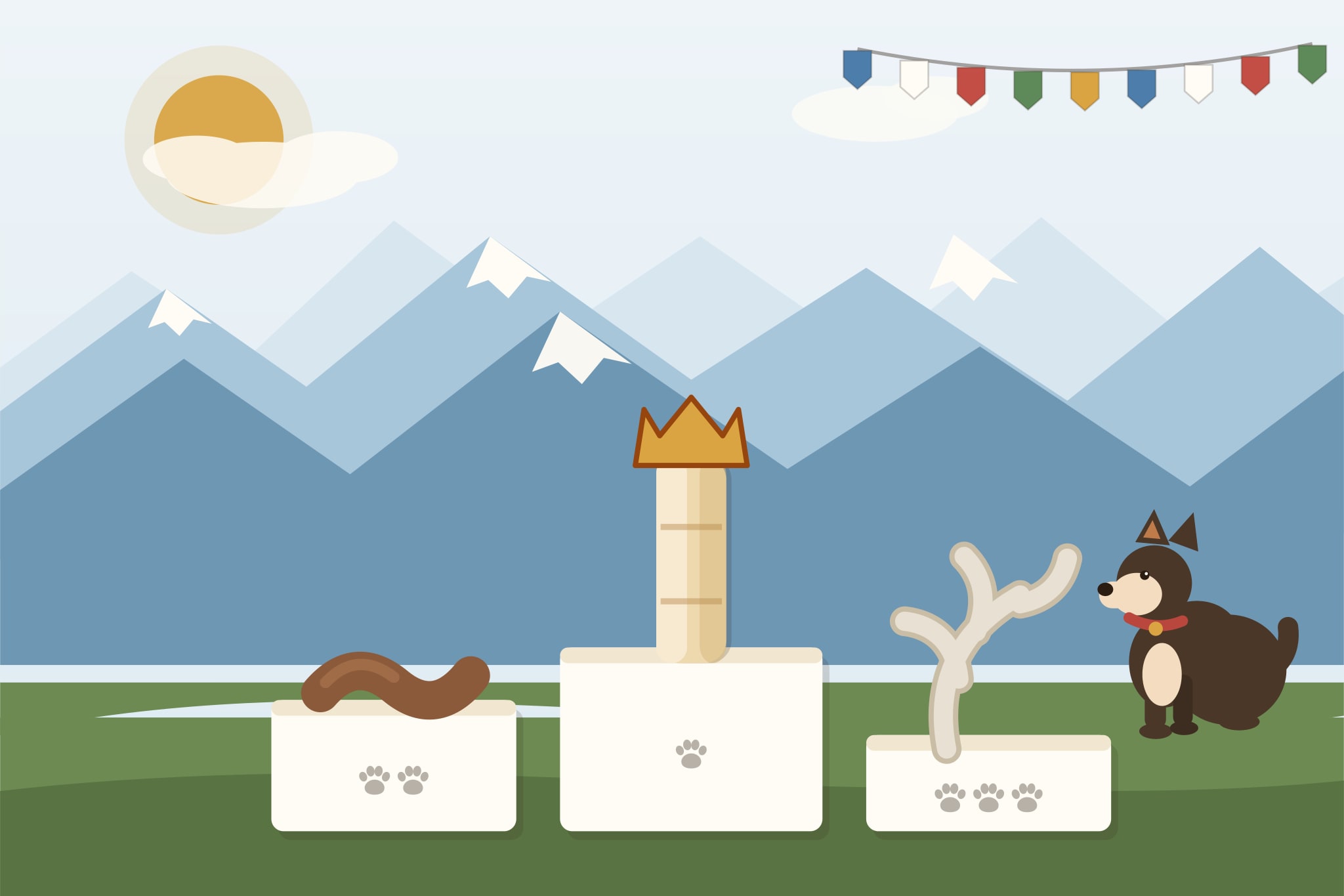 Illustration of a yak chew bar, a bully stick and an antler lined up on podiums for comparison